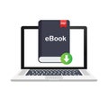 Download book. E-book marketing, content marketing, ebook download on laptop. Vector illustration. Royalty Free Stock Photo